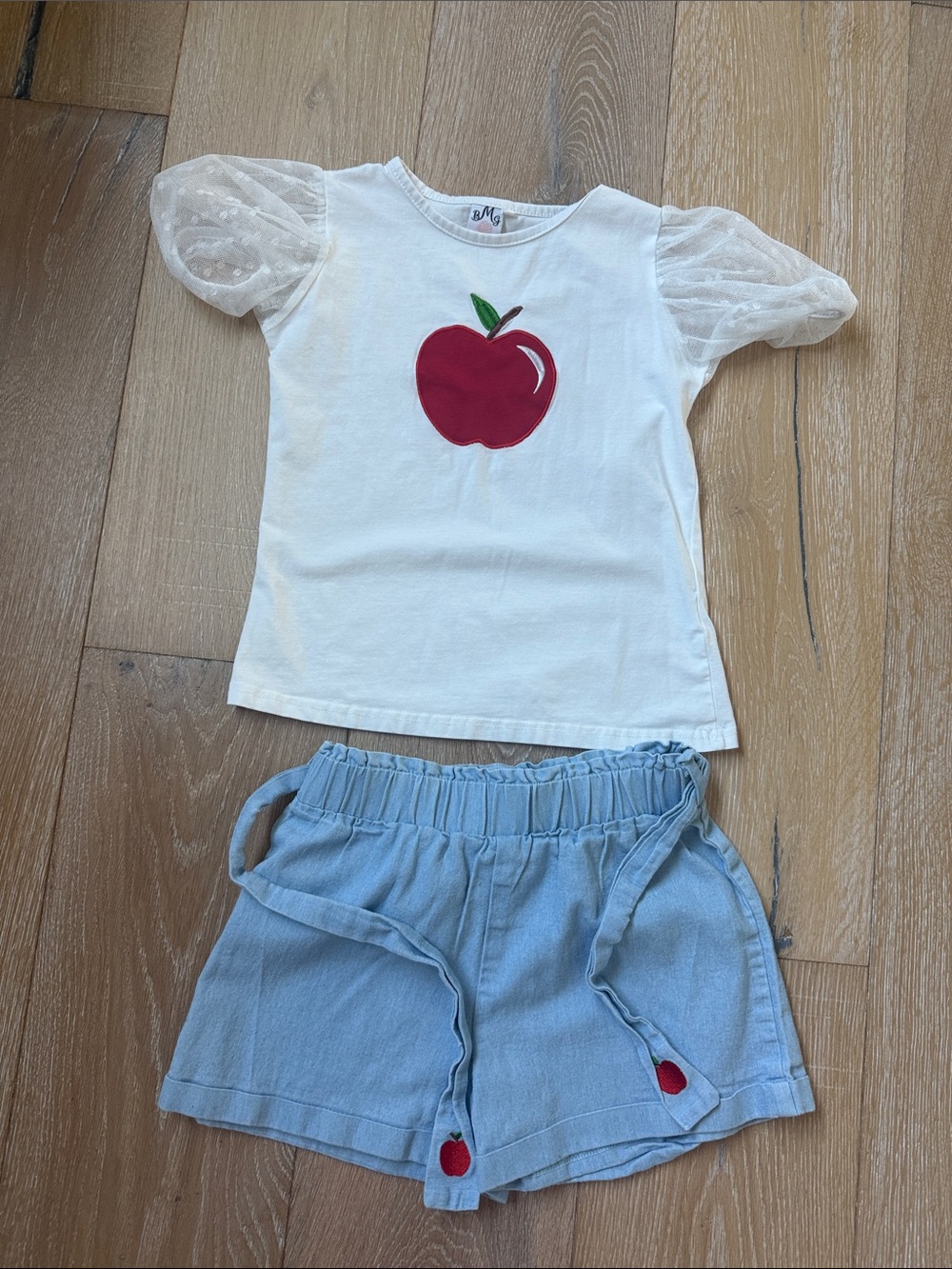 Girls White Apple Tee with Light Blue Shorts Set